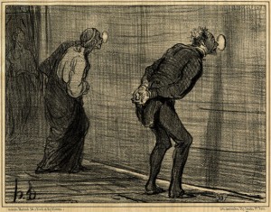 Honoré Daumier. Le trou du rideau. L'acteur - On voit bien qu'il fait chaud... trois spectateurs dans la salle... faut-il commencer ? Le directeur - Et encore un des trois est le vendeur d'entractes... faites lever le rideau tout de suite avant qu'il ne sorte !! 